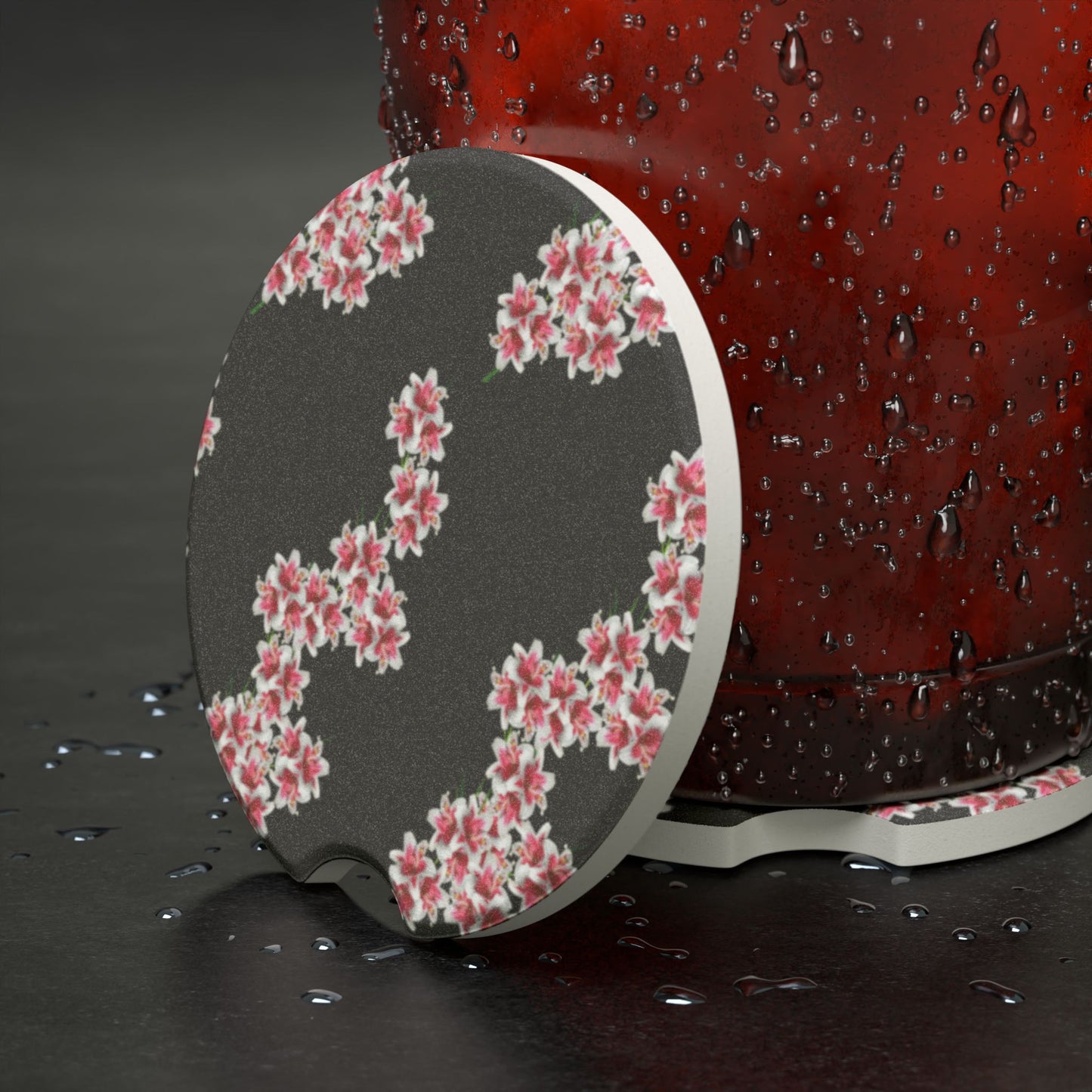 Soapstone Car Coaster — Cherry Blossom Pattern Car Cup Holder Coaster