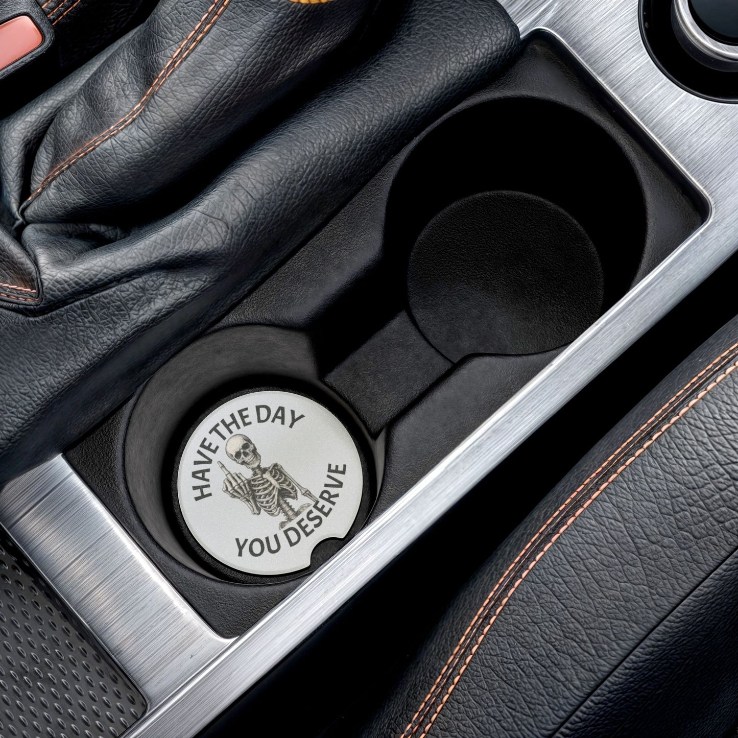Skeleton Middle Finger Car Coaster - "Have The Day You Deserve" Soapstone Car Coaster