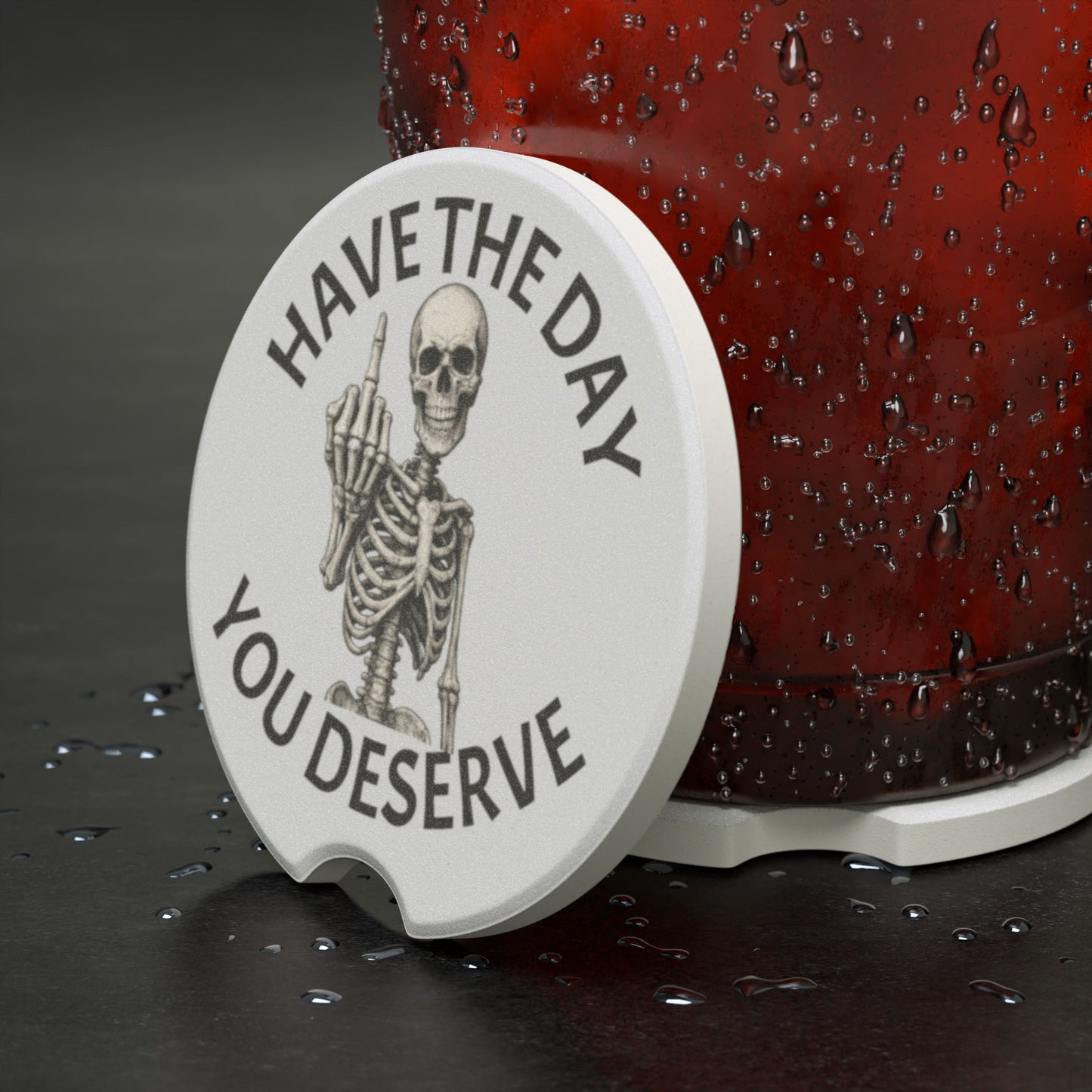 Skeleton Middle Finger Car Coaster - "Have The Day You Deserve" Soapstone Car Coaster