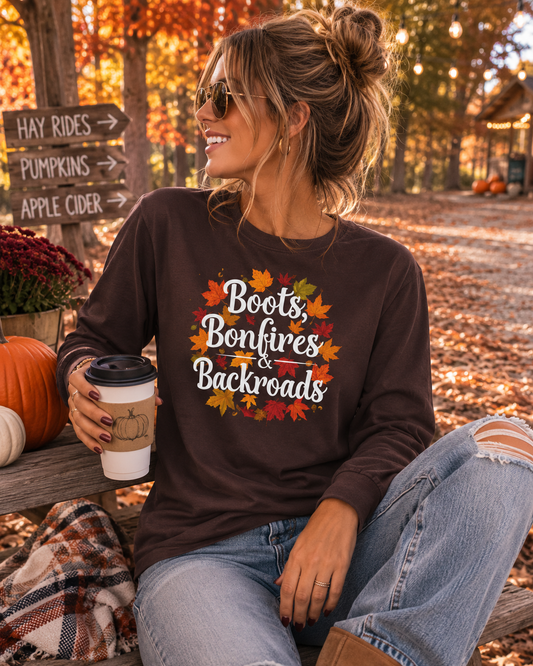 Boots Bonfires & Backroads Long Sleeve Tee